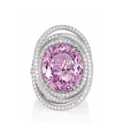 Anello fantasia ovale rosa con diamante Kunzite 34 carati in oro bianco 14K