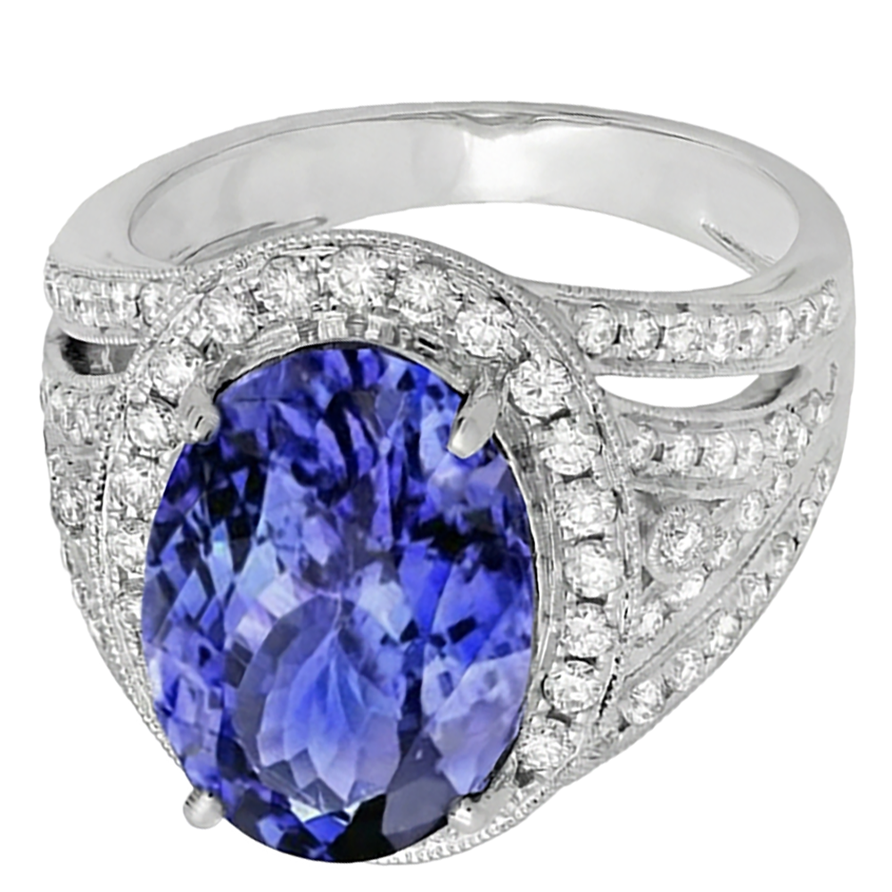 Anello fantasia tanzanite ovale centrale da 6.55 carati oro bianco 14K