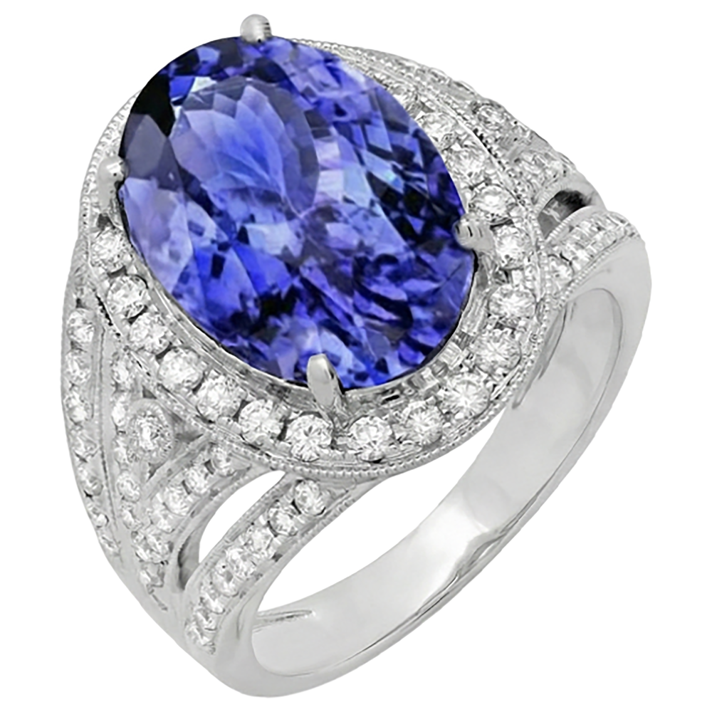 Anello fantasia tanzanite ovale centrale da 6.55 carati oro bianco 14K