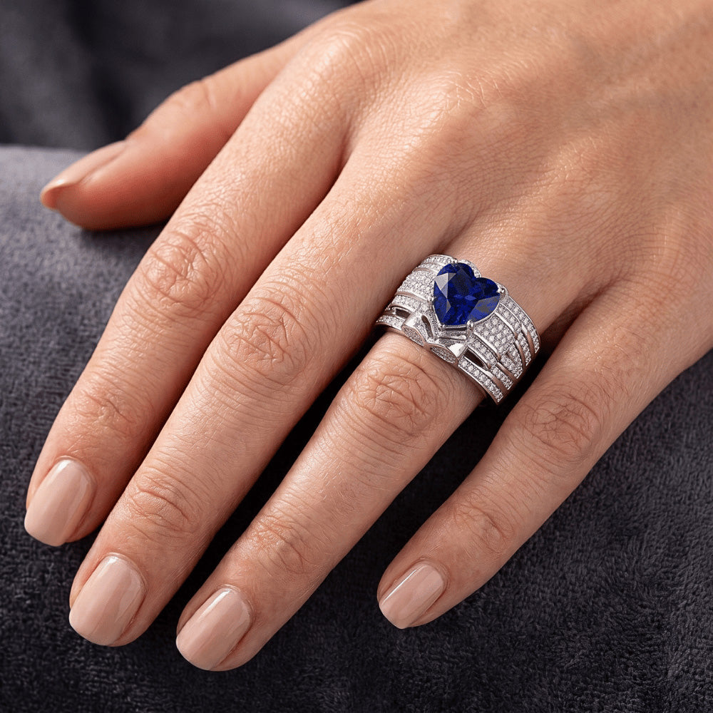 Anello gioielli con diamanti stile antico taglio cuore zaffiro blu 4.50 carati