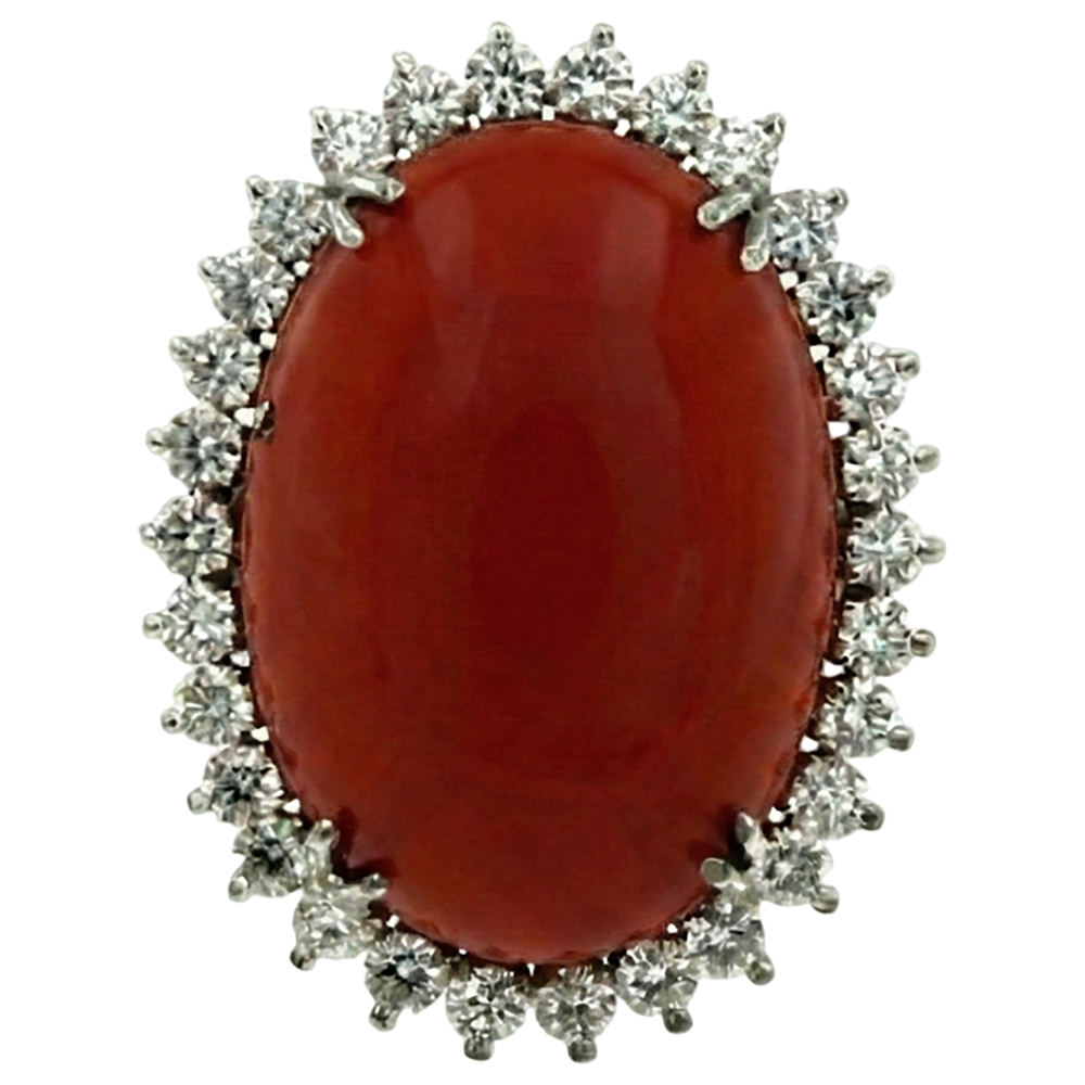 Anello grande corallo rosso ovale con piccoli diamanti rotondi 13 ct Anello in oro bianco 14K