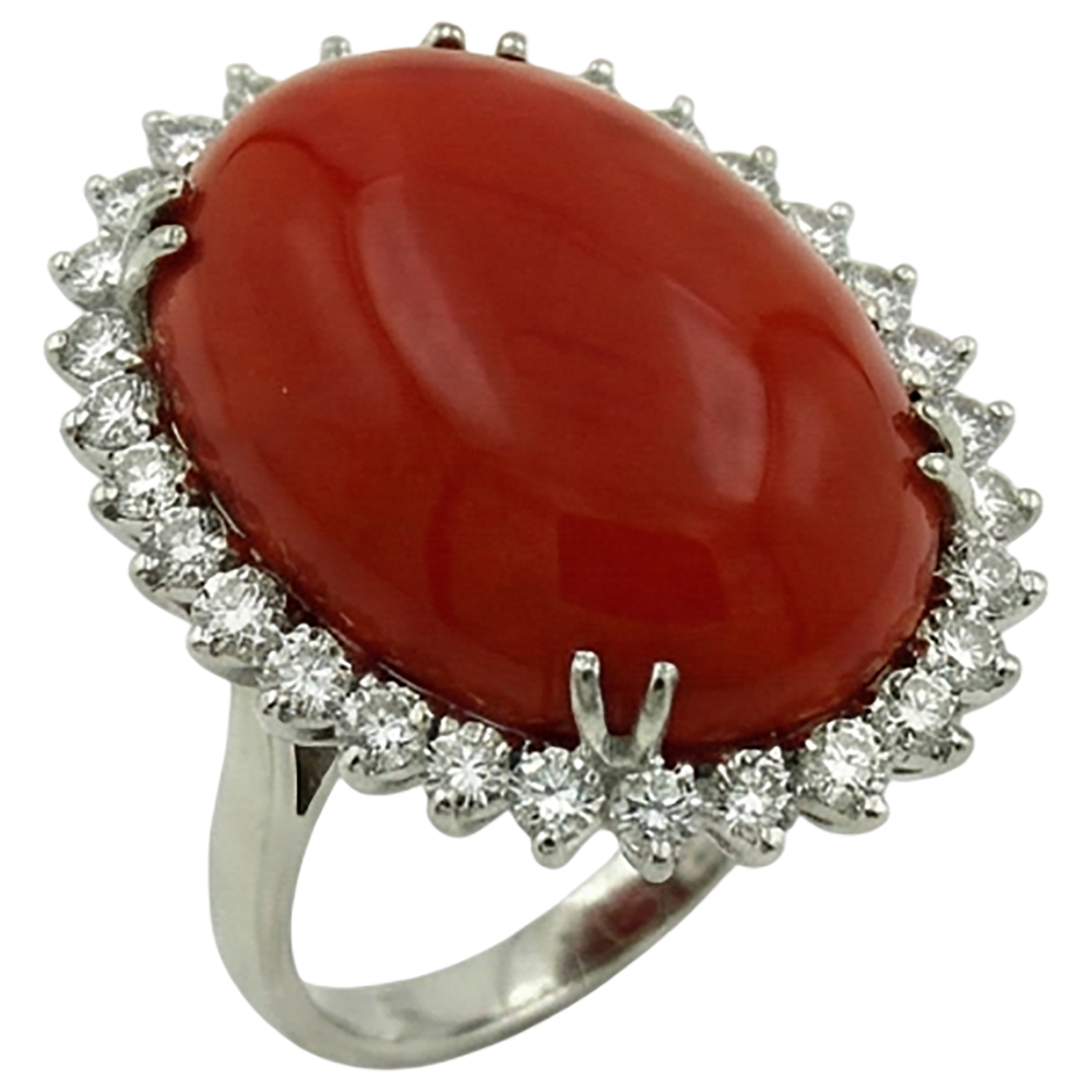 Anello grande corallo rosso ovale con piccoli diamanti rotondi 13 ct Anello in oro bianco 14K