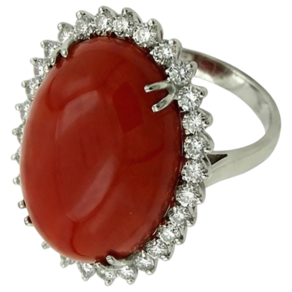 Anello grande corallo rosso ovale con piccoli diamanti rotondi 13 ct Anello in oro bianco 14K