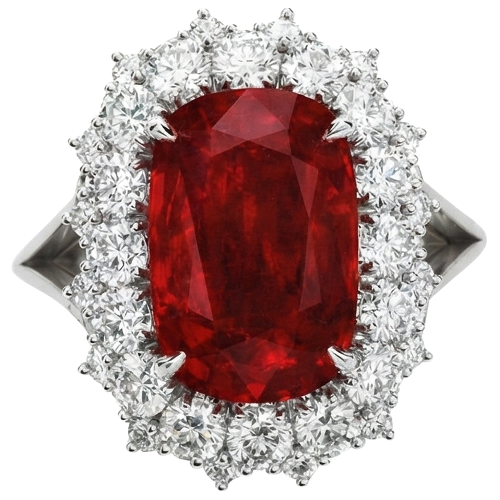 Anello grande rubino rosso taglio cuscino con diamante oro bianco 14 carati 7.25 ct