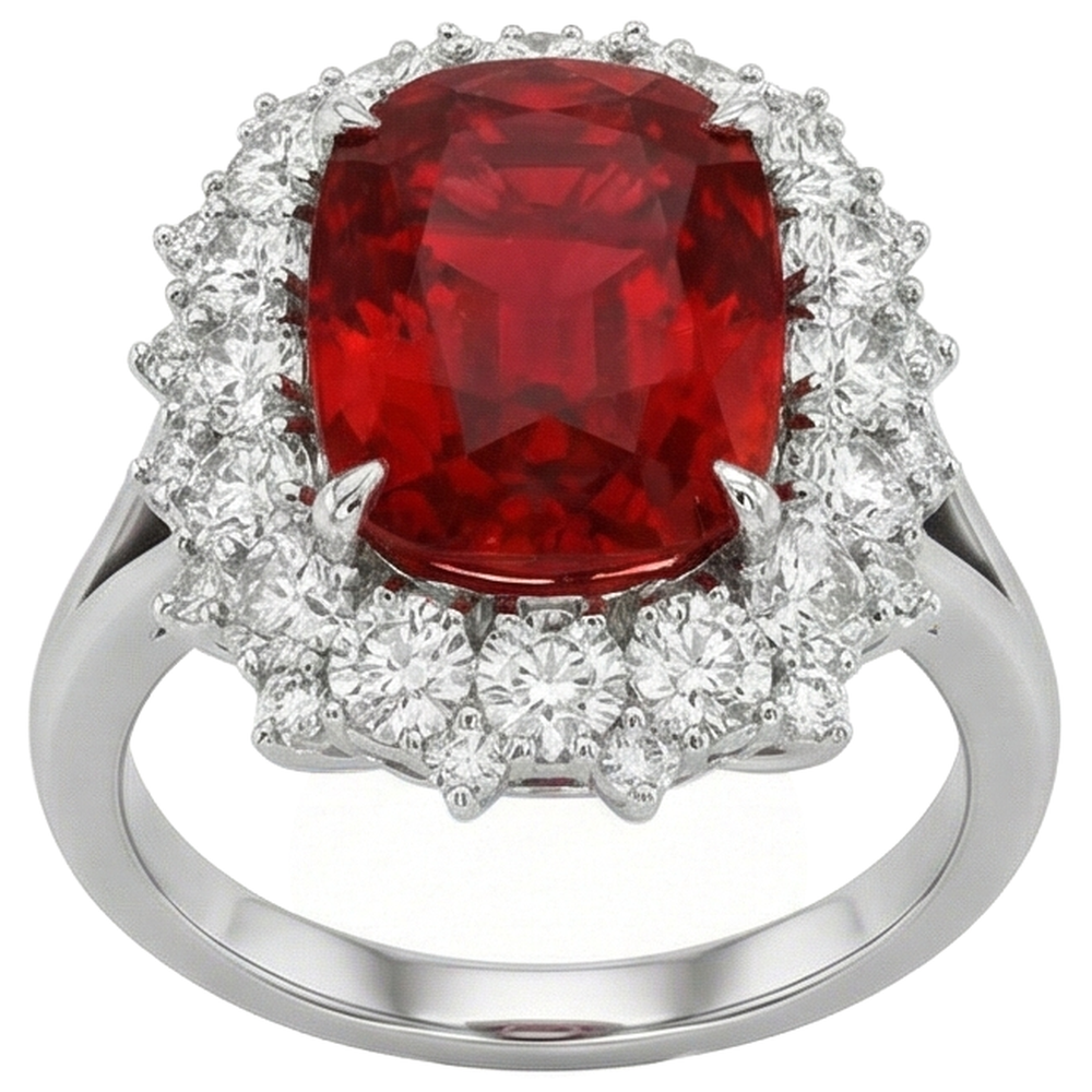 Anello grande rubino rosso taglio cuscino con diamante oro bianco 14 carati 7.25 ct