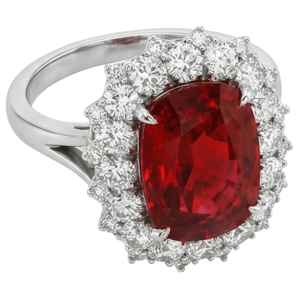 Anello grande rubino rosso taglio cuscino con diamante oro bianco 14 carati 7.25 ct