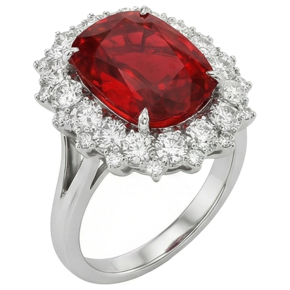 Anello grande rubino rosso taglio cuscino con diamante oro bianco 14 carati 7.25 ct