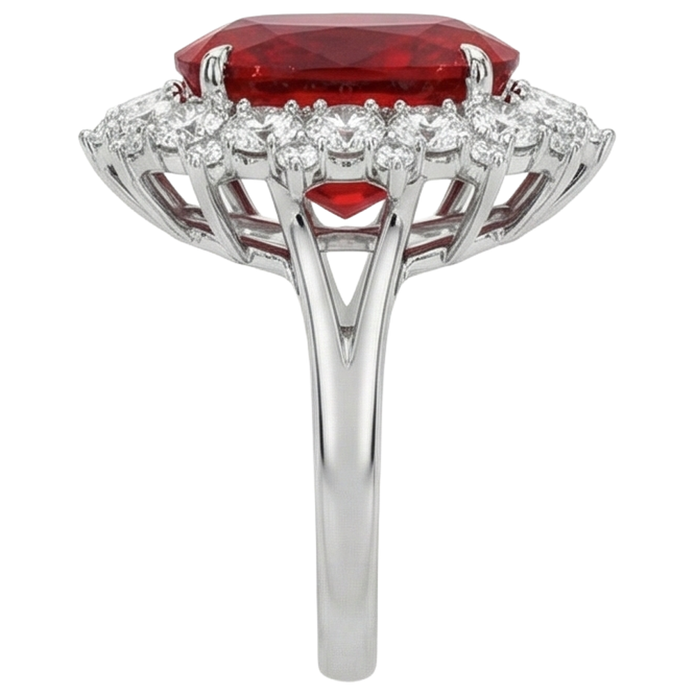 Anello grande rubino rosso taglio cuscino con diamante oro bianco 14 carati 7.25 ct