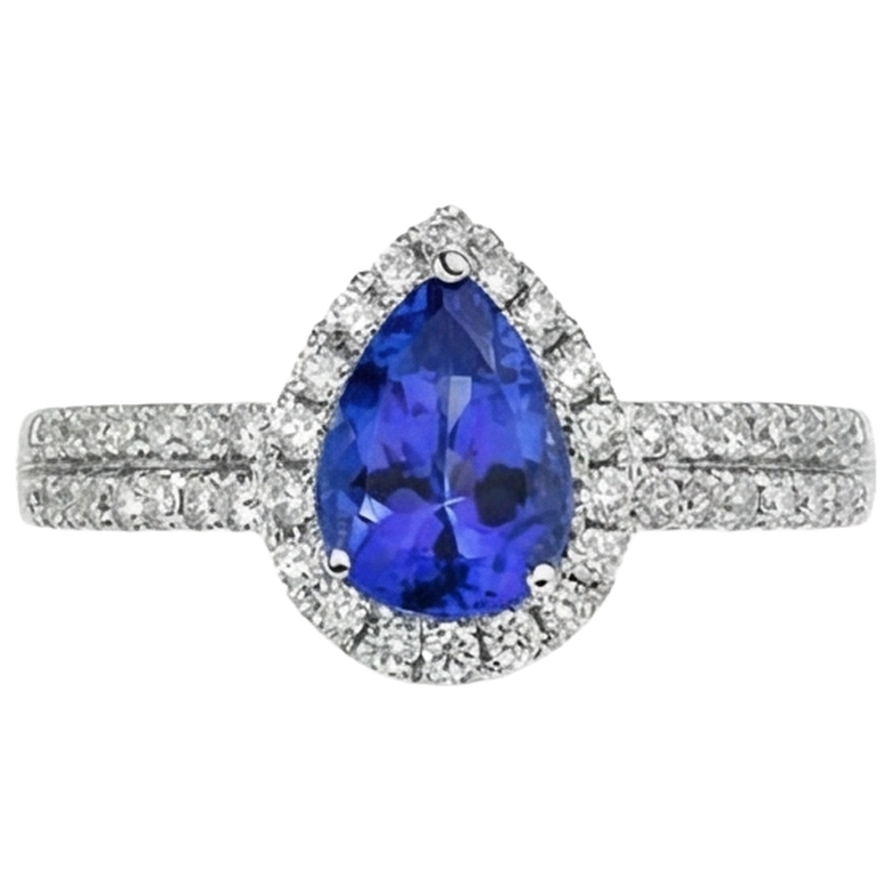Anello in Oro 14 Carati Con Tanzanite Blu a Forma Di Pera E Diamanti Rotondi Da 4.75 CT