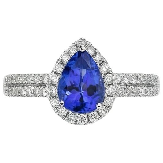 Anello in Oro 14 Carati Con Tanzanite Blu a Forma Di Pera E Diamanti Rotondi Da 4.75 CT