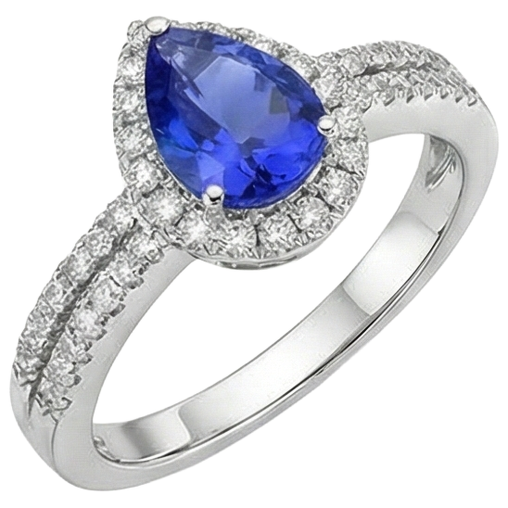 Anello in Oro 14 Carati Con Tanzanite Blu a Forma Di Pera E Diamanti Rotondi Da 4.75 CT
