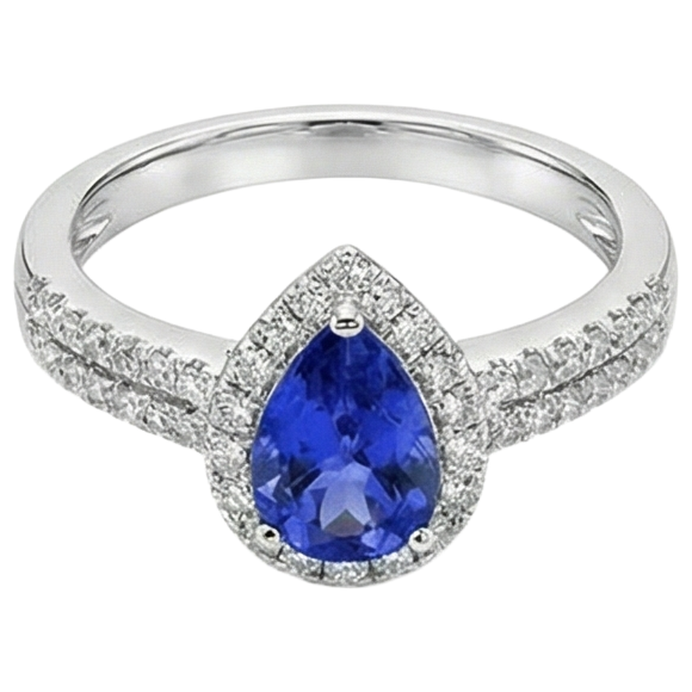 Anello in Oro 14 Carati Con Tanzanite Blu a Forma Di Pera E Diamanti Rotondi Da 4.75 CT