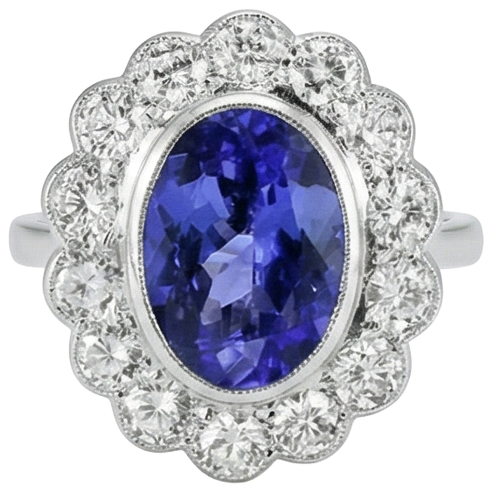 Anello in Oro Bianco 14 Carati Con Castone Ovale Da 5.15 CT Con Tanzanite E Diamanti