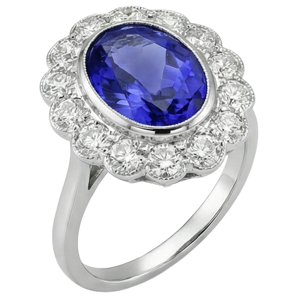 Anello in Oro Bianco 14 Carati Con Castone Ovale Da 5.15 CT Con Tanzanite E Diamanti