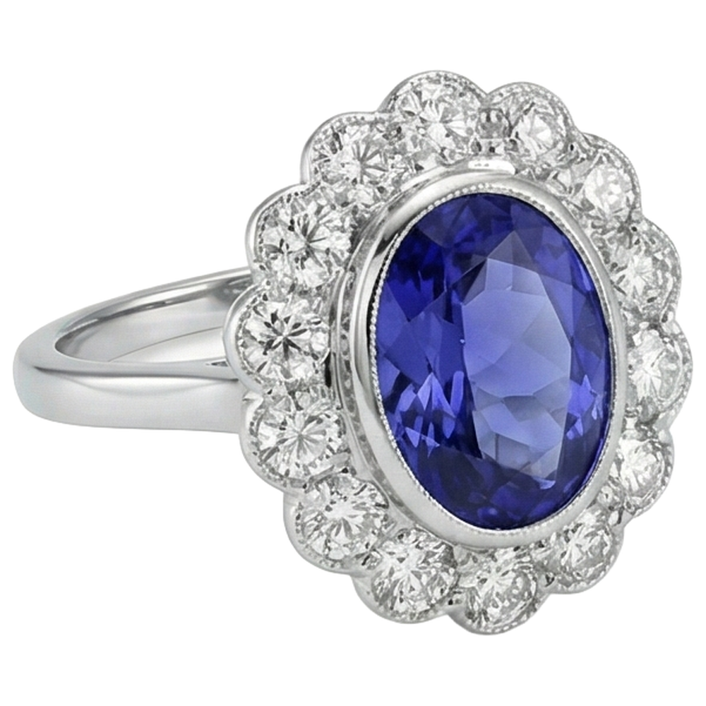 Anello in Oro Bianco 14 Carati Con Castone Ovale Da 5.15 CT Con Tanzanite E Diamanti