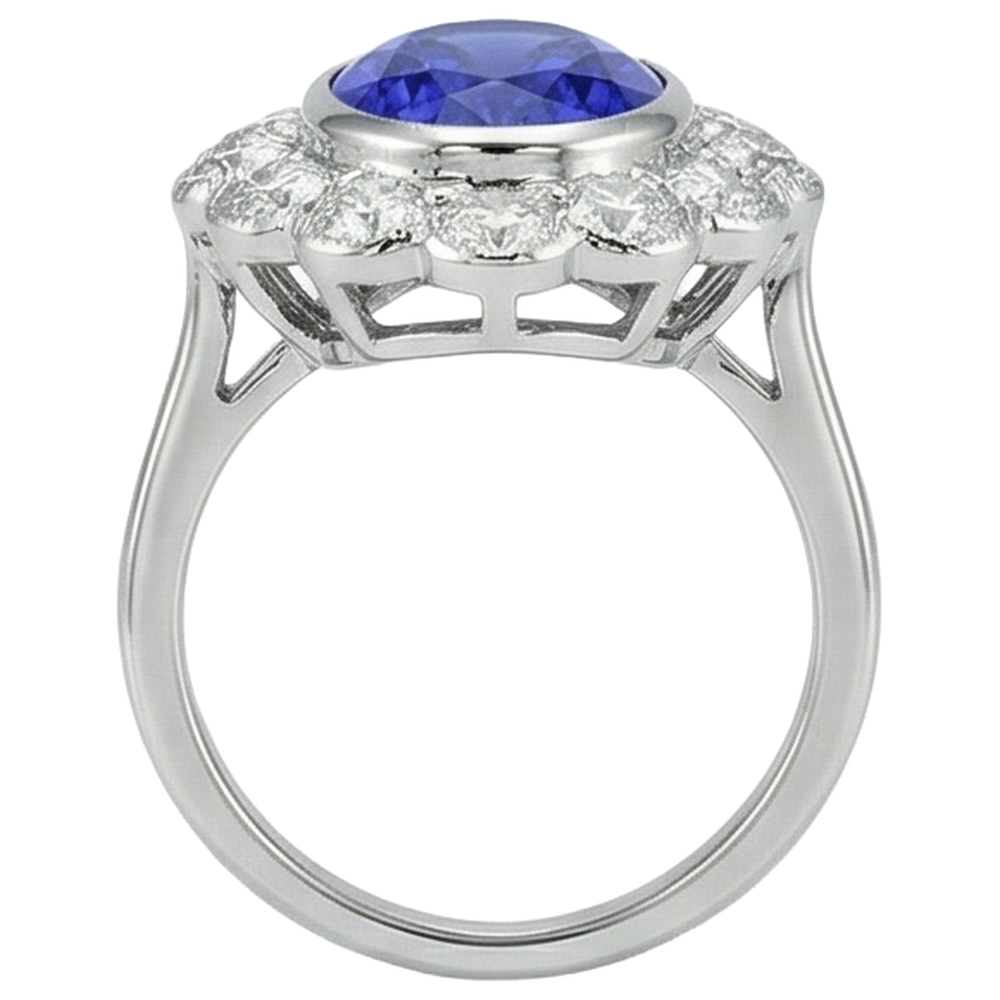 Anello in Oro Bianco 14 Carati Con Castone Ovale Da 5.15 CT Con Tanzanite E Diamanti