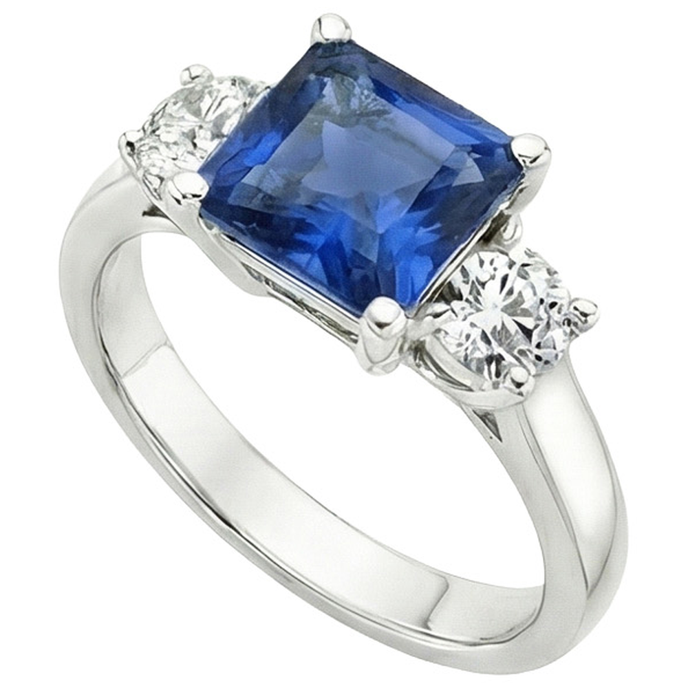 Anello in oro 14 carati con zaffiro blu di Ceylon 4 carati e diamante rotondo 3 pietre