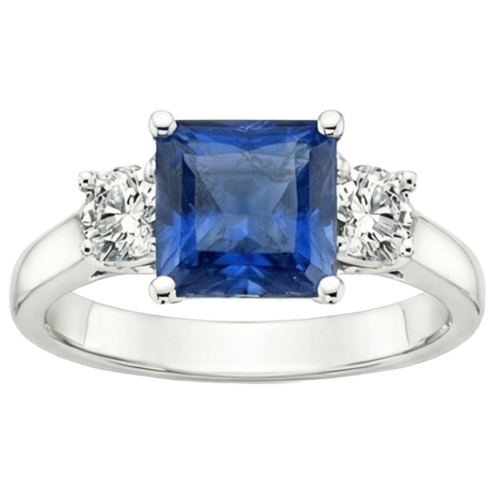 Anello in oro 14 carati con zaffiro blu di Ceylon 4 carati e diamante rotondo 3 pietre