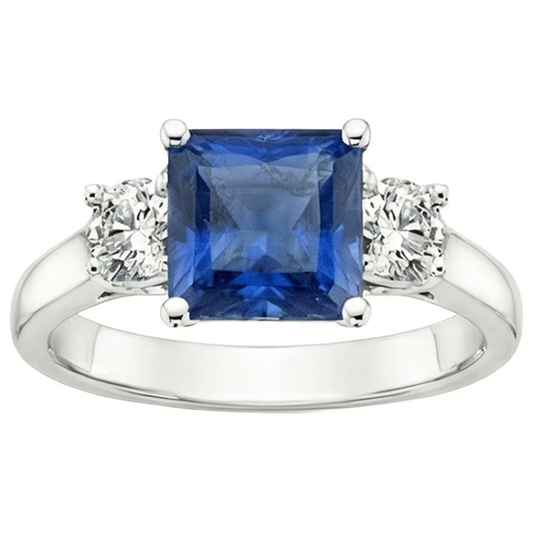 Anello in oro 14 carati con zaffiro blu di Ceylon 4 carati e diamante rotondo 3 pietre