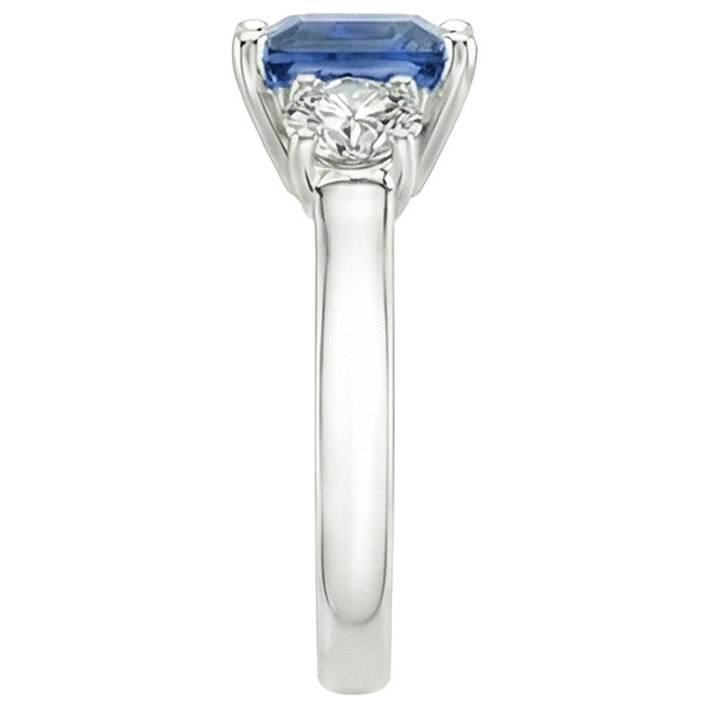Anello in oro 14 carati con zaffiro blu di Ceylon 4 carati e diamante rotondo 3 pietre