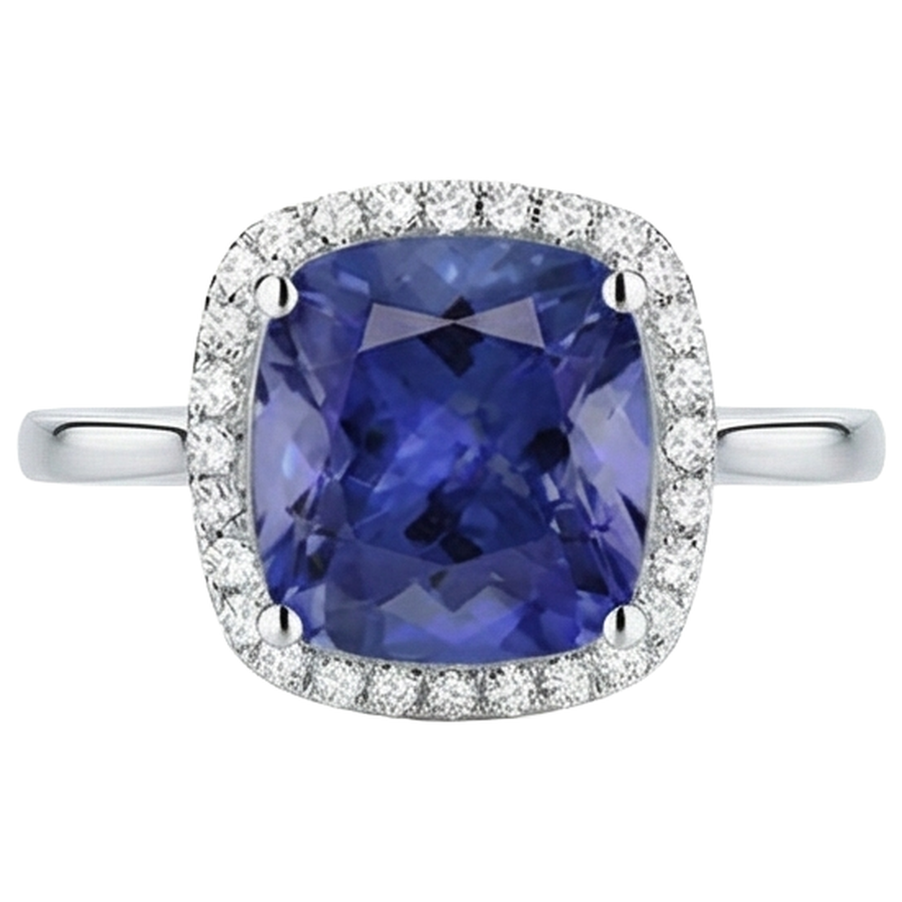 Anello in oro 14 kt con tanzanite a cuscino con diamanti da 15.25 ct