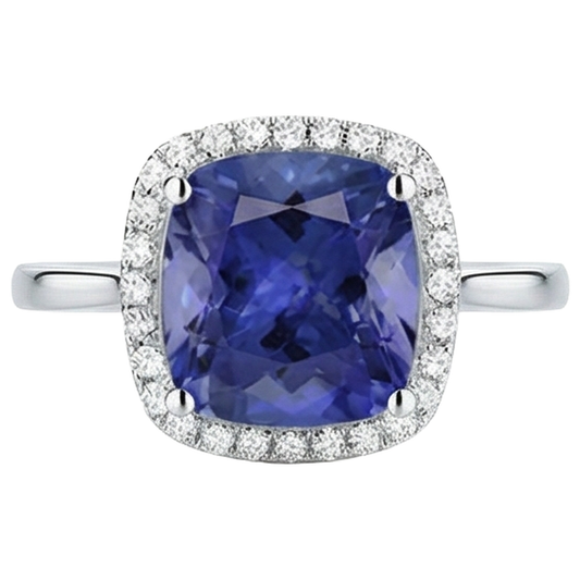 Anello in oro 14 kt con tanzanite a cuscino con diamanti da 15.25 ct