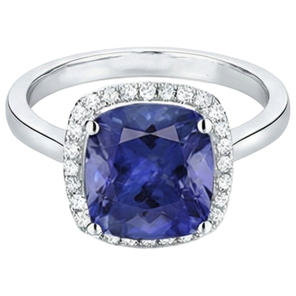 Anello in oro 14 kt con tanzanite a cuscino con diamanti da 15.25 ct