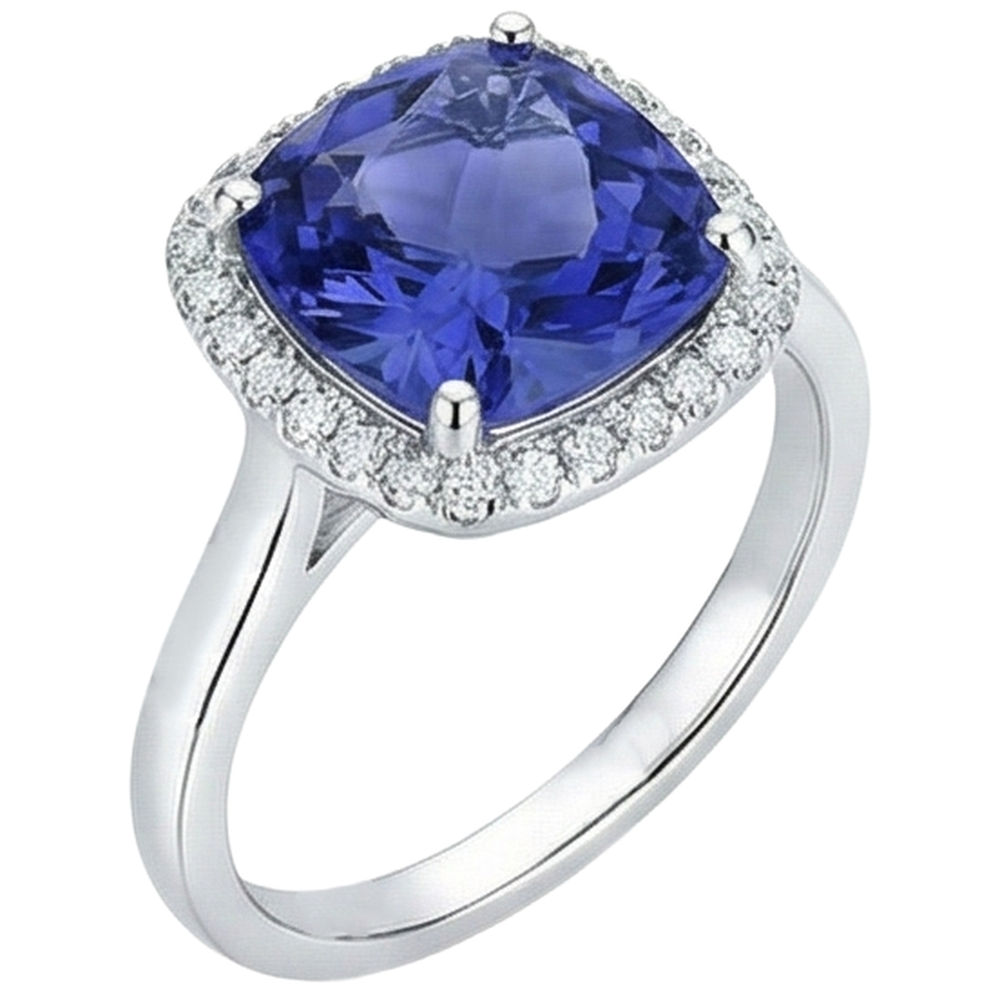 Anello in oro 14 kt con tanzanite a cuscino con diamanti da 15.25 ct