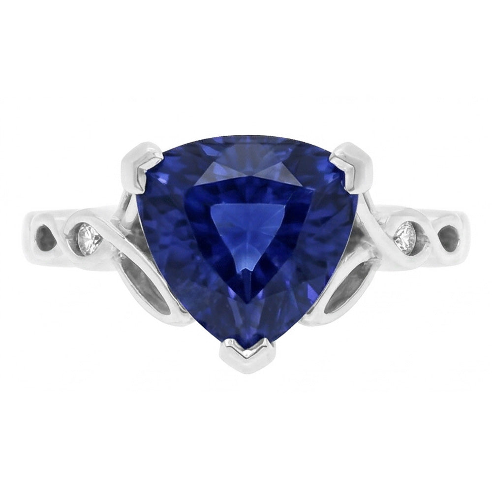 Anello in oro 14K con tre pietre trilioni di zaffiri blu 1.75 carati di diamanti