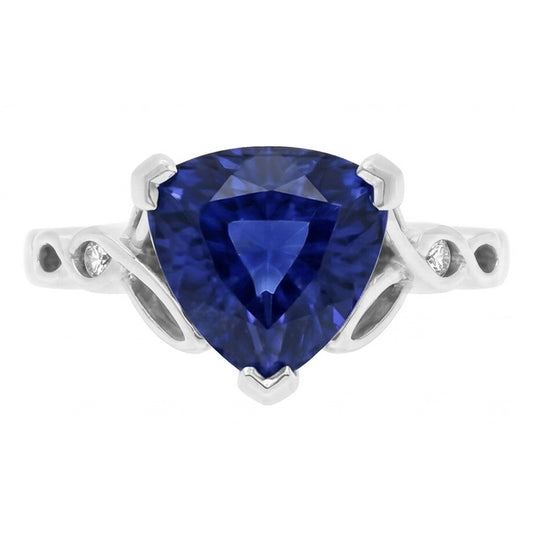 Anello in oro 14K con tre pietre trilioni di zaffiri blu 1.75 carati di diamanti