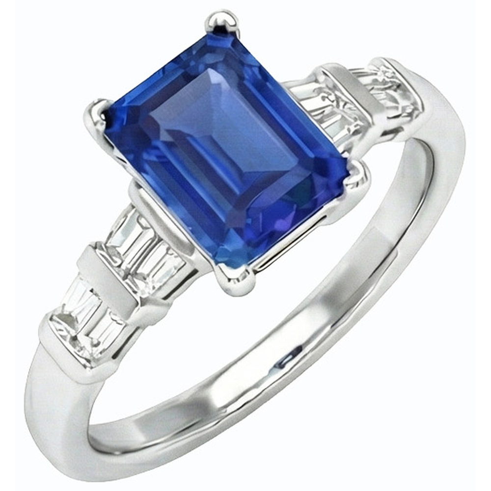 Anello in oro 3 carati con smeraldo e zaffiro di Ceylon con diamanti baguette