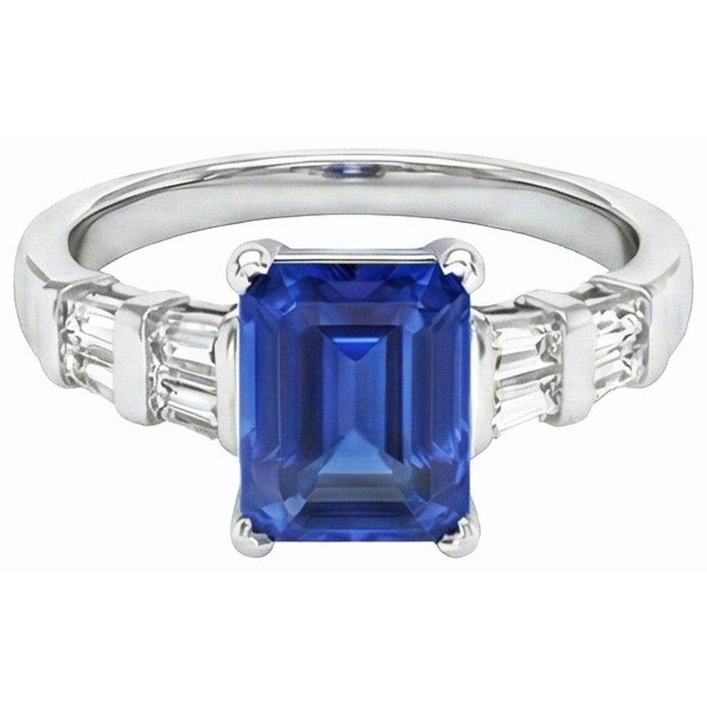 Anello in oro 3 carati con smeraldo e zaffiro di Ceylon con diamanti baguette