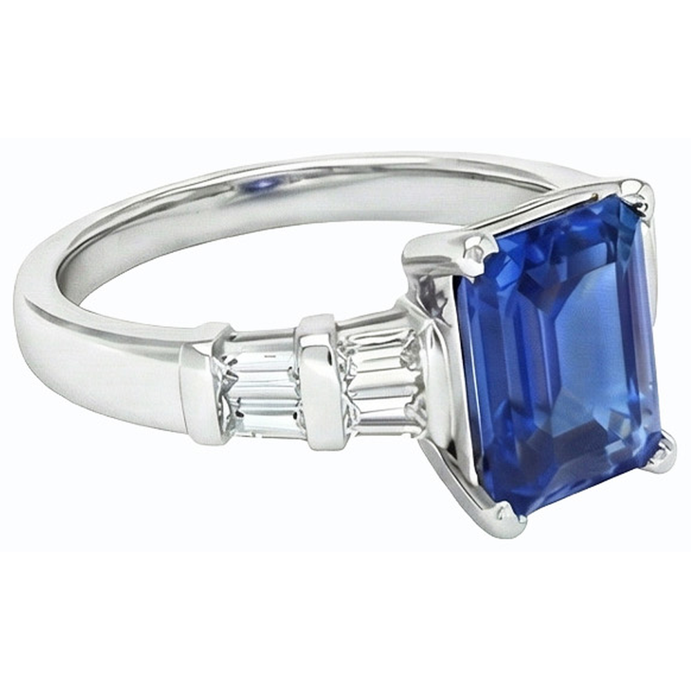 Anello in oro 3 carati con smeraldo e zaffiro di Ceylon con diamanti baguette