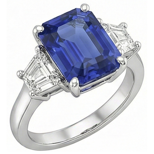 Anello in oro 3 pietre con smeraldo zaffiro blu e diamanti trapezoidali 4 carati