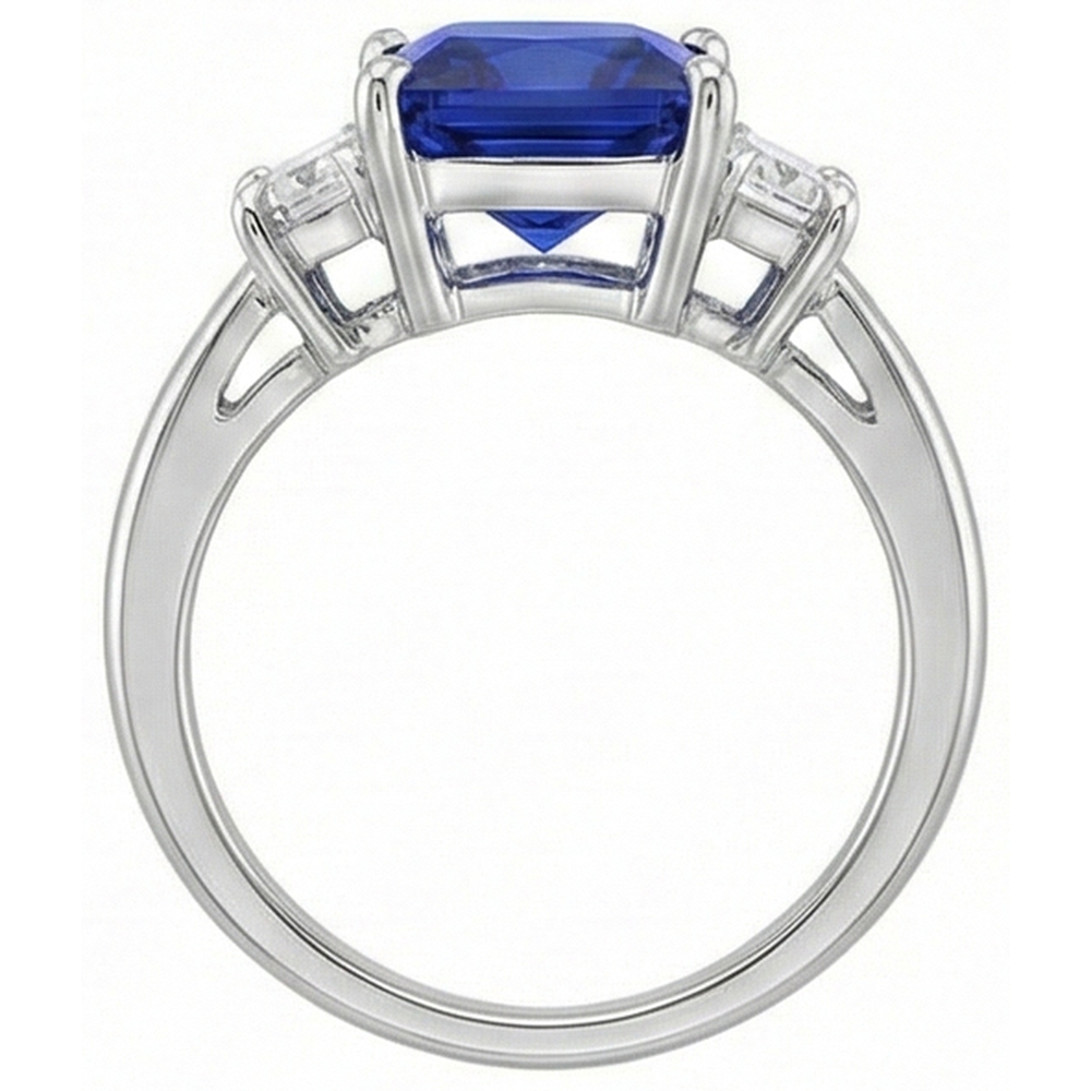 Anello in oro 3 pietre con zaffiro blu principessa e diamanti trapezoidali 4 carati