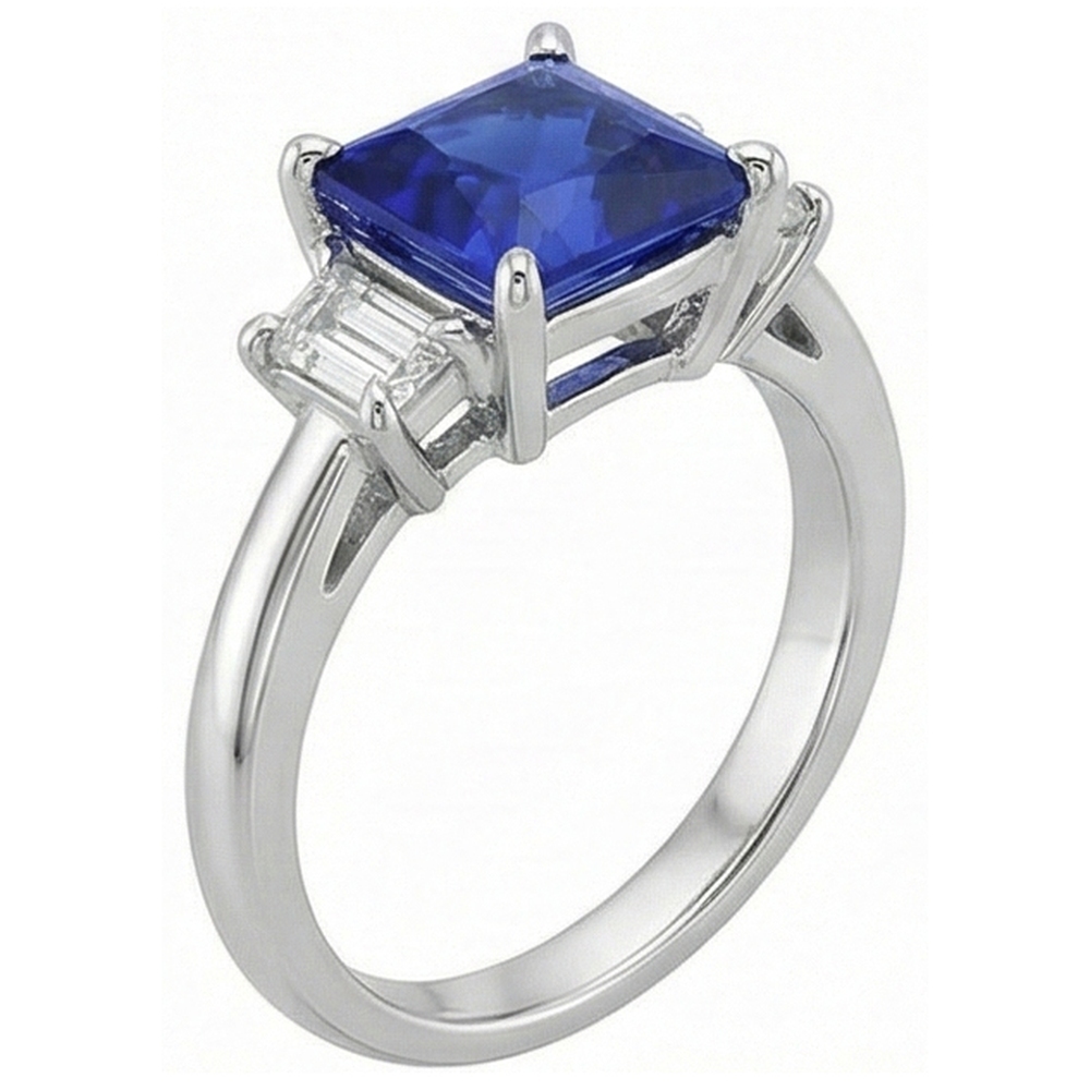 Anello in oro 3 pietre con zaffiro blu principessa e diamanti trapezoidali 4 carati