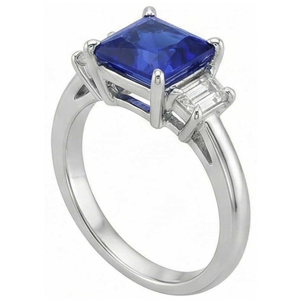 Anello in oro 3 pietre con zaffiro blu principessa e diamanti trapezoidali 4 carati