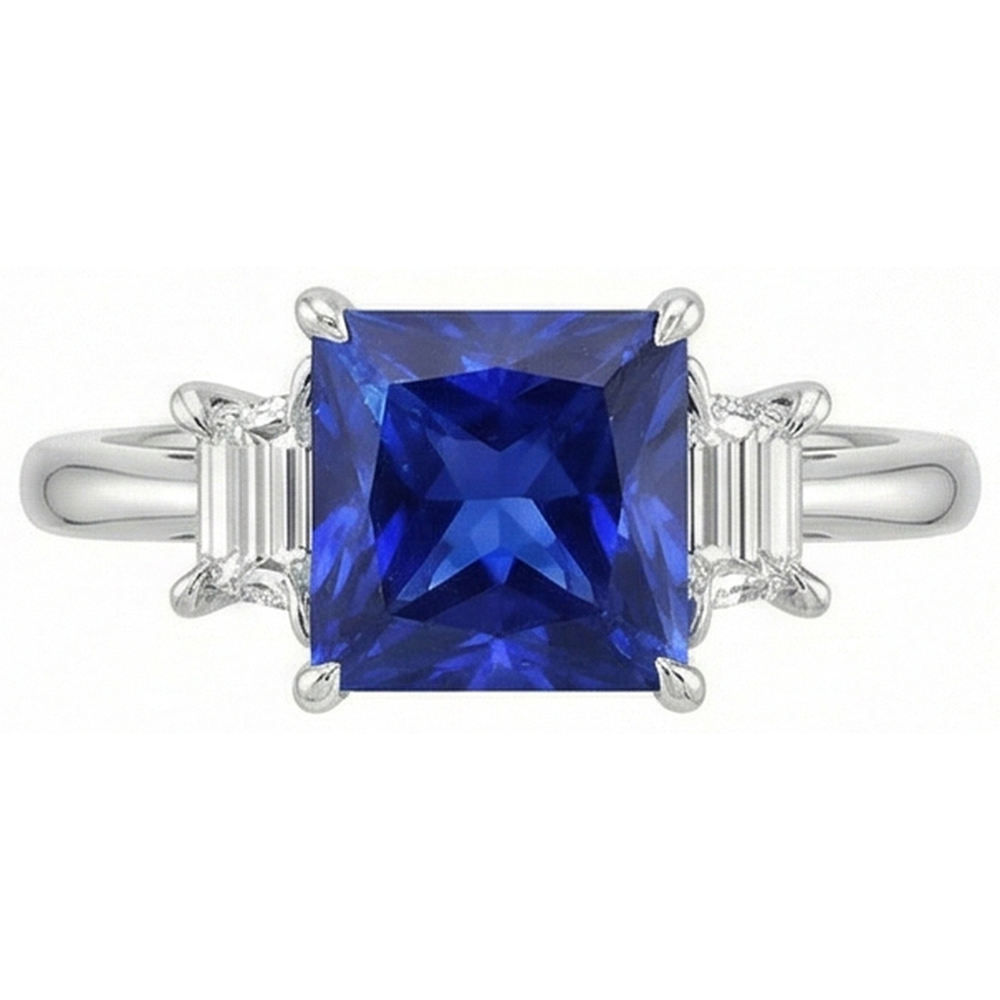 Anello in oro 3 pietre con zaffiro blu principessa e diamanti trapezoidali 4 carati