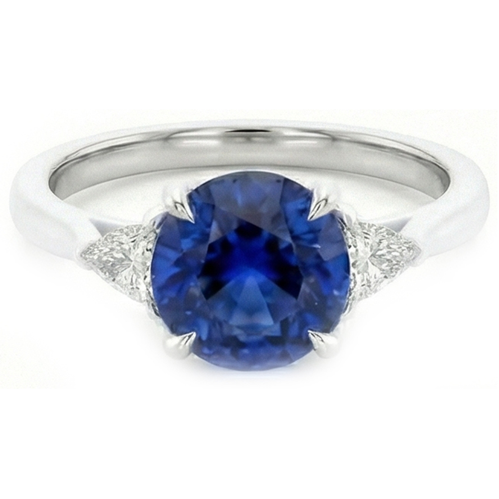 Anello in oro 3 pietre con zaffiro blu rotondo e diamanti trilioni 2.50 carati