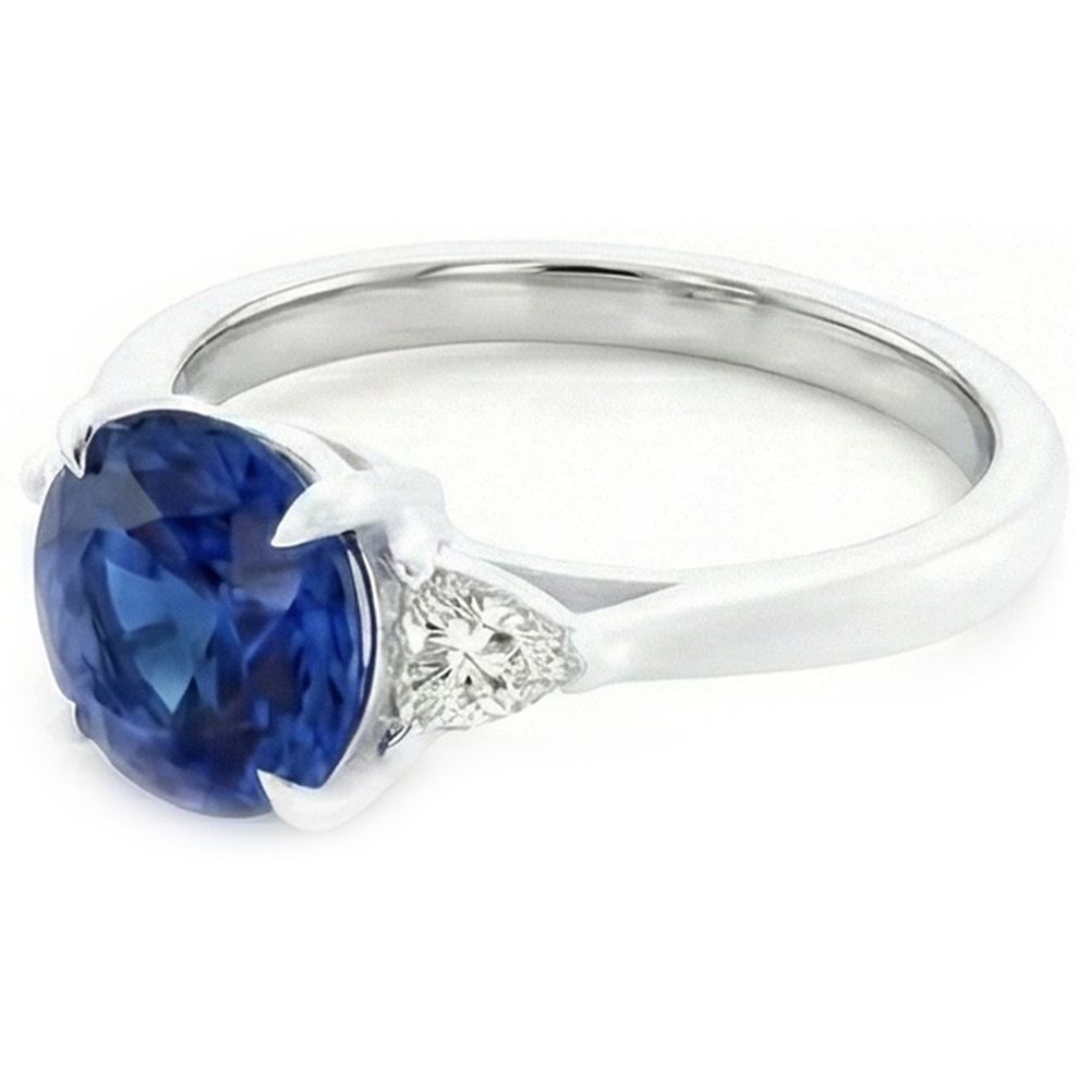 Anello in oro 3 pietre con zaffiro blu rotondo e diamanti trilioni 2.50 carati