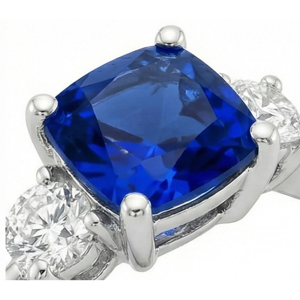 Anello in oro 3 pietre stile cuscino zaffiro blu con accenti 2.75 carati