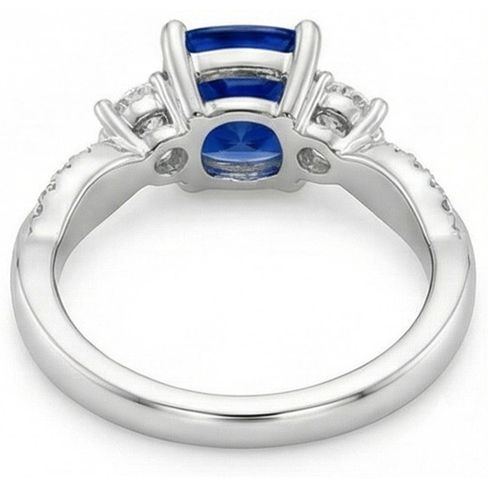 Anello in oro 3 pietre stile cuscino zaffiro blu con accenti 2.75 carati