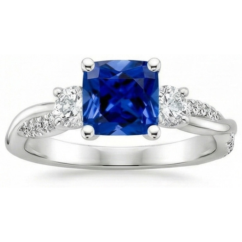 Anello in oro 3 pietre stile cuscino zaffiro blu con accenti 2.75 carati
