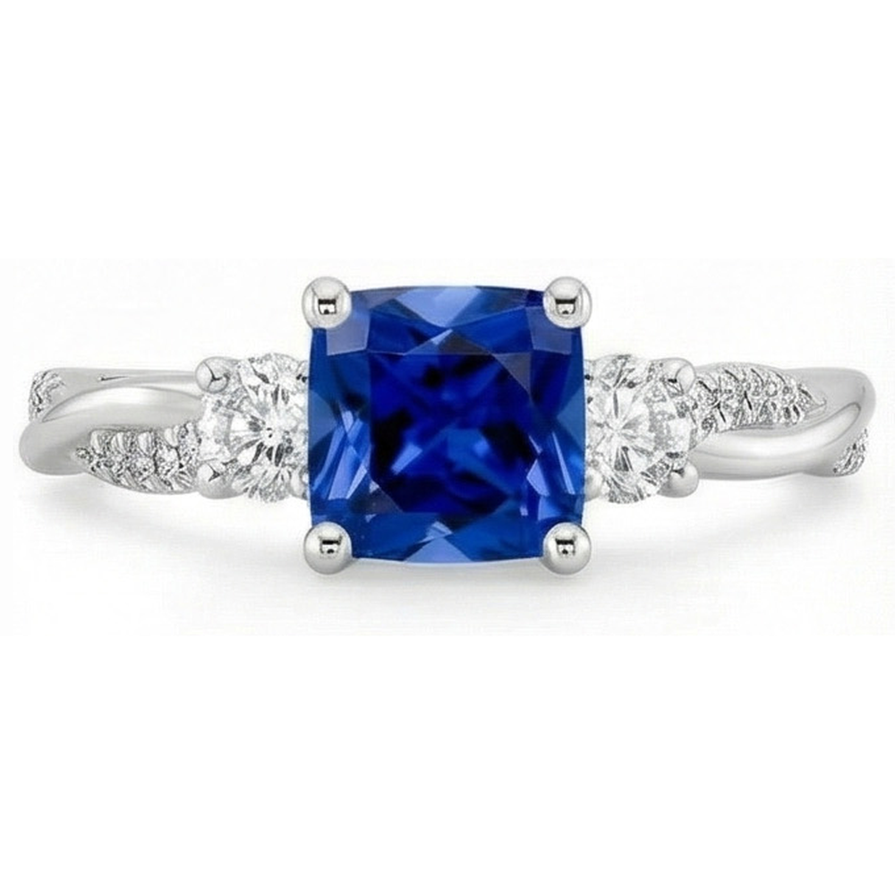 Anello in oro 3 pietre stile cuscino zaffiro blu con accenti 2.75 carati