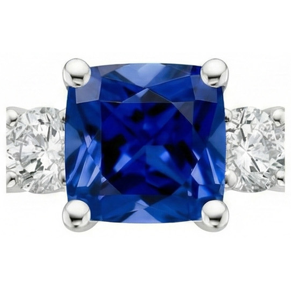 Anello in oro 3 pietre stile cuscino zaffiro blu con accenti 2.75 carati