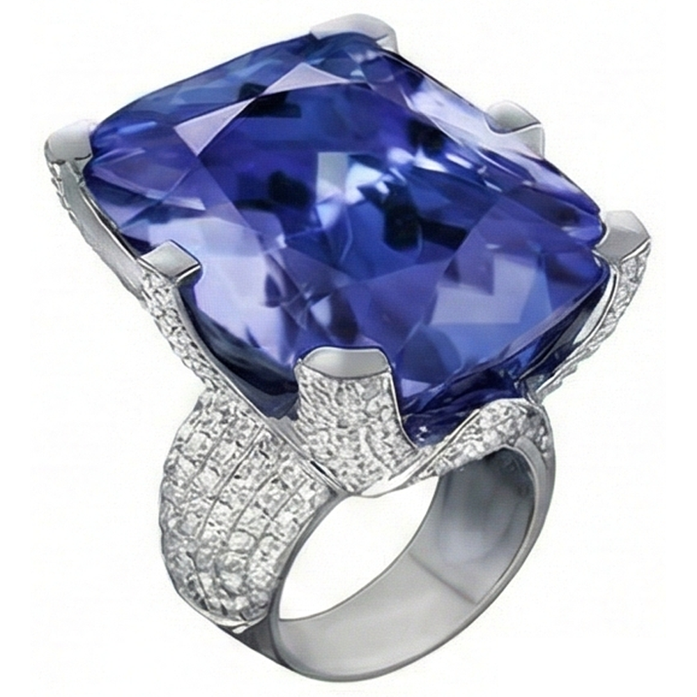 Anello in oro 8.50 carati con tanzanite a cuscino e diamanti rotondi Novità