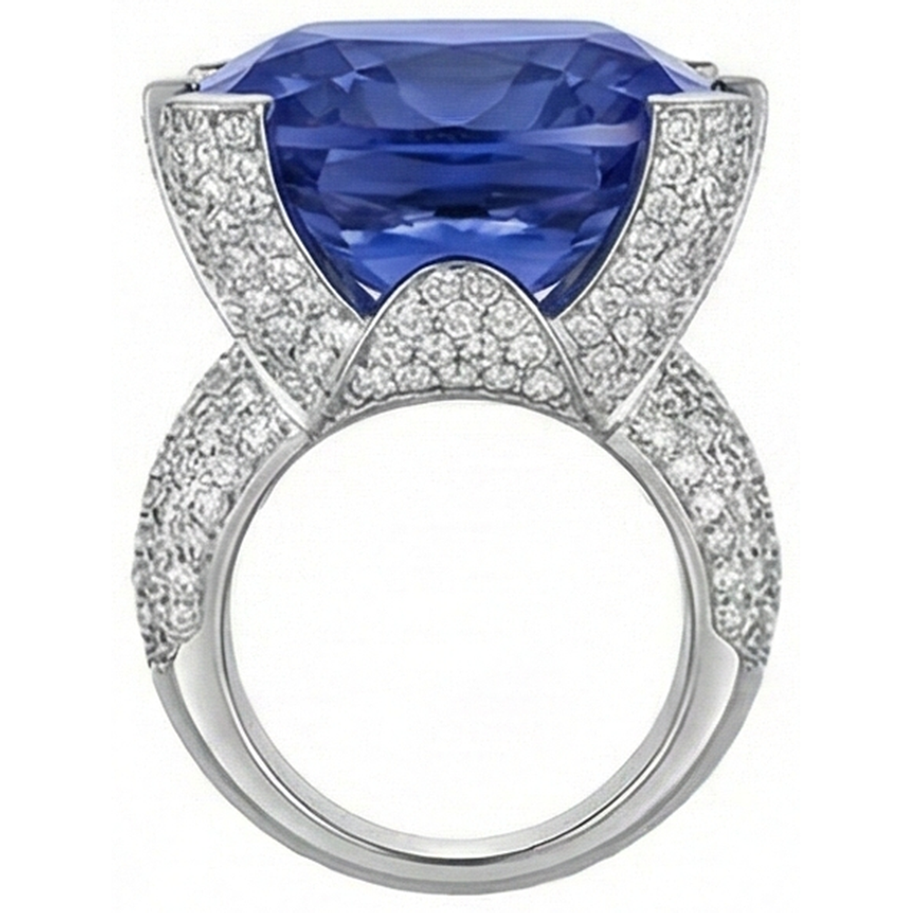 Anello in oro 8.50 carati con tanzanite a cuscino e diamanti rotondi Novità