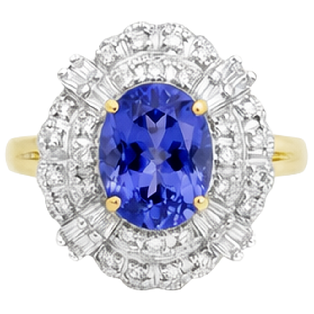 Anello in oro 8 carati con tanzanite ovale e diamanti baguette Novità