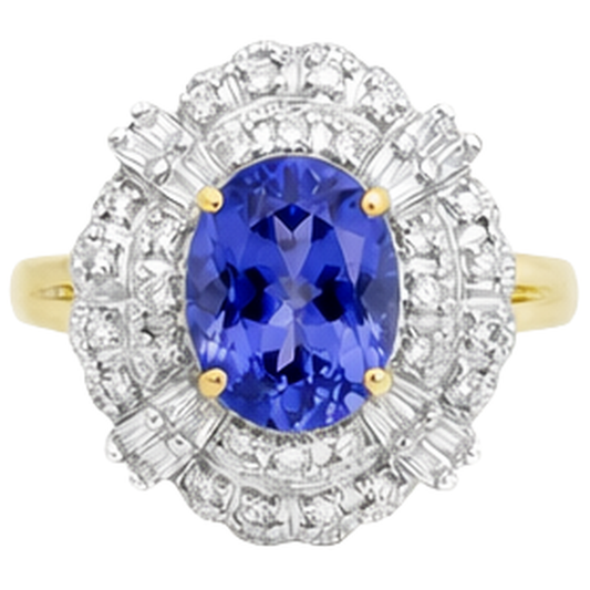 Anello in oro 8 carati con tanzanite ovale e diamanti baguette Novità