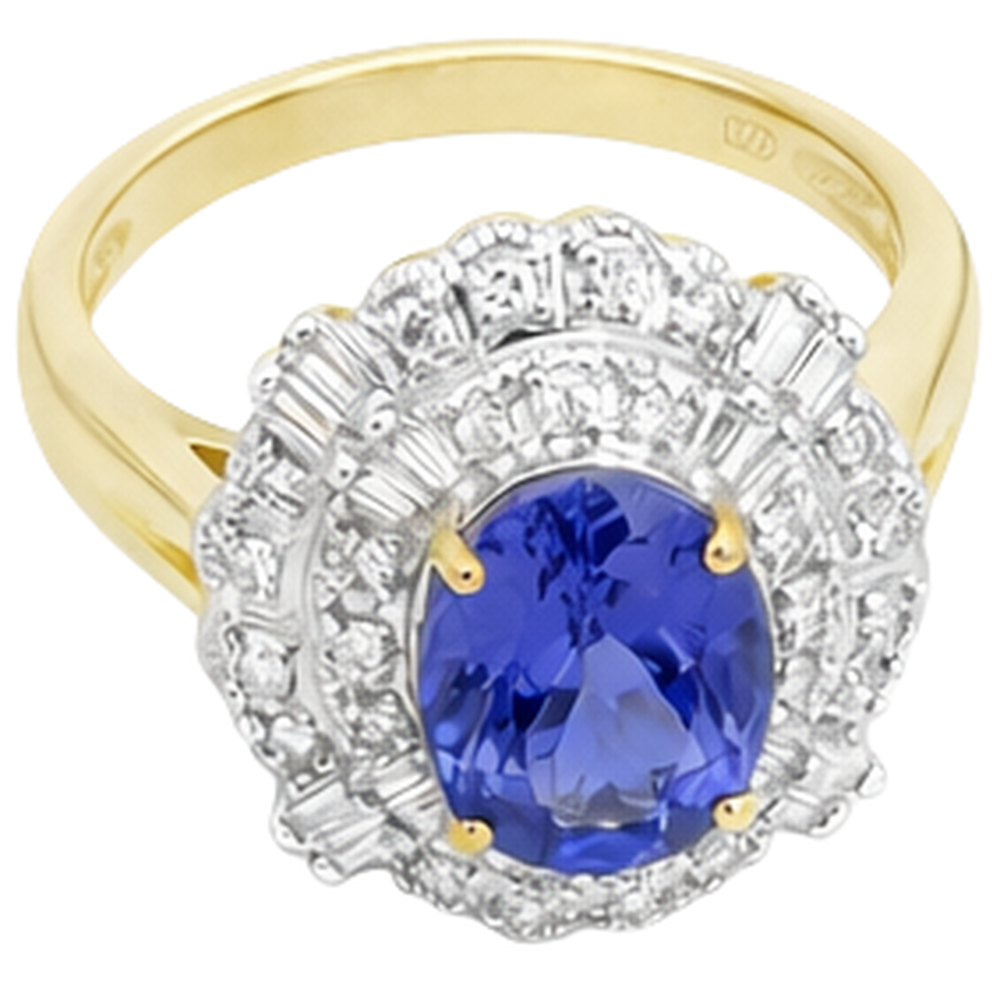 Anello in oro 8 carati con tanzanite ovale e diamanti baguette Novità